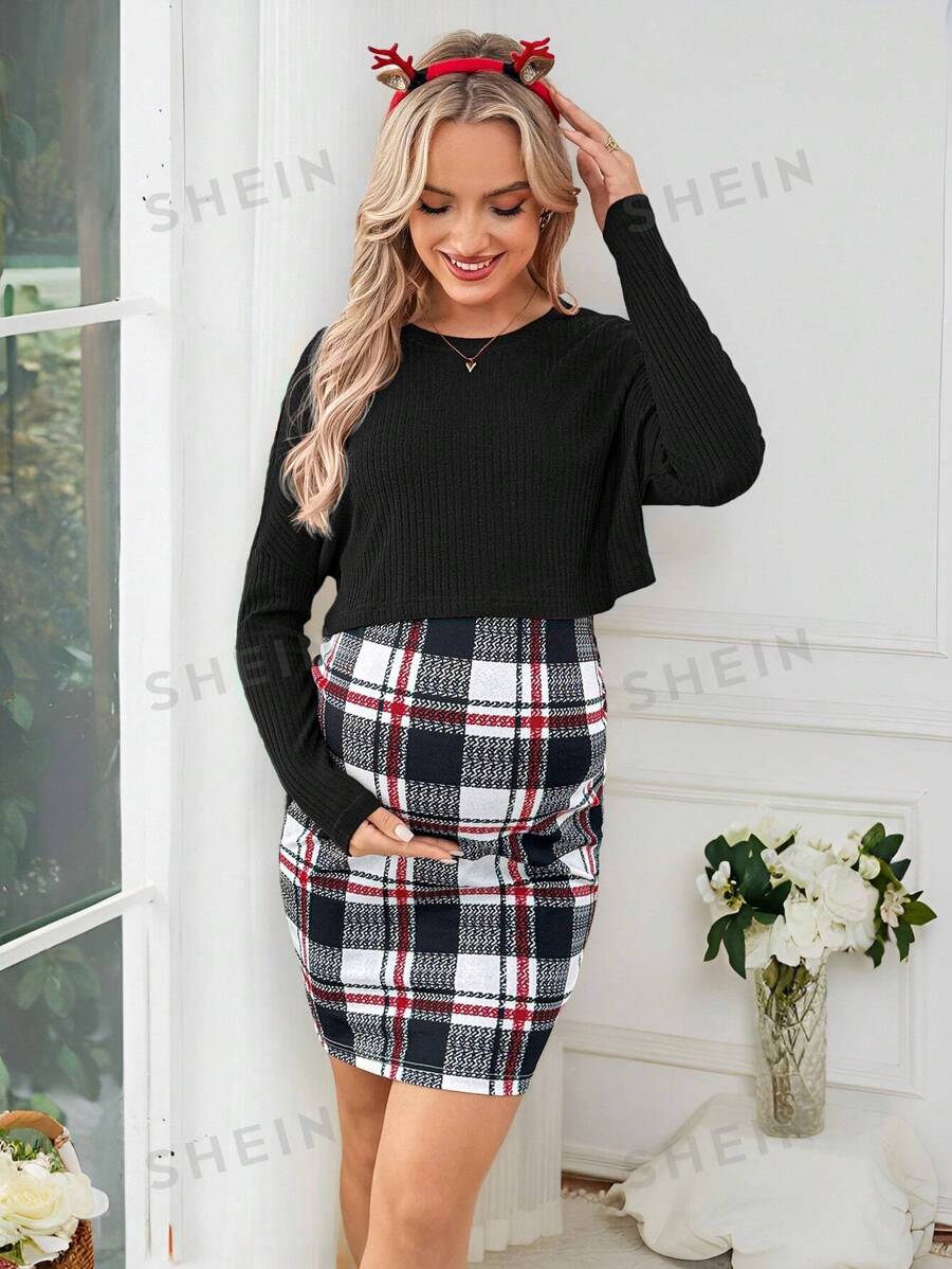 SHEIN Conjunto de 2 piezas de maternidad - Top de unicolor y falda a cuadros con cintura ajustable, otoño