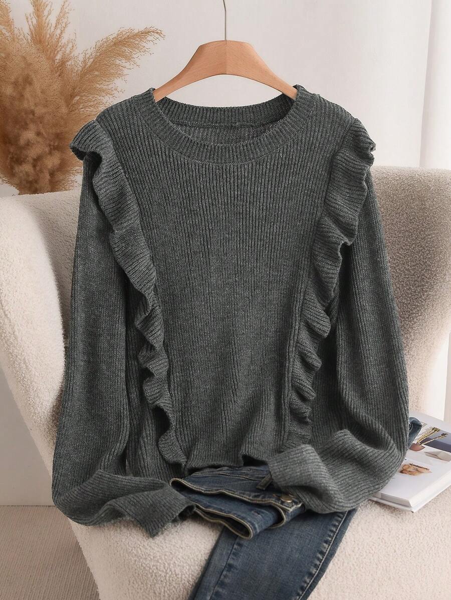 SHEIN Frenchy Plus Size Casual Effen Kleur Ruffle Zoom Trui, Herfst/Winter