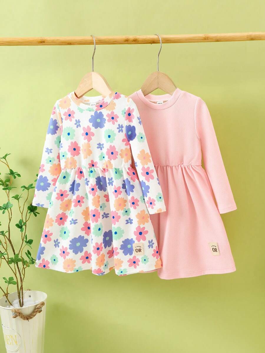 Girls Digital Ditsy Floral Mixed Solid Color Dress, Suitable For Autumn/Winter