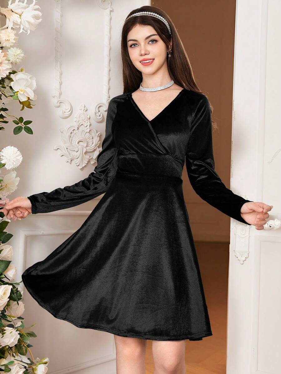 SHEIN Vestido de terciopelo verde esmeralda para niña adolescente en Navidad
