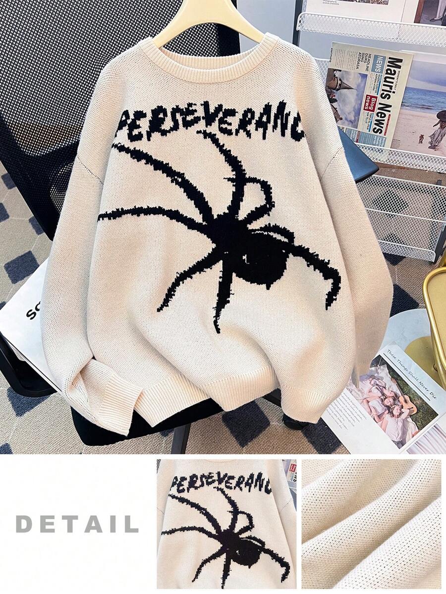 SHEIN Suéter de punto con estampado de araña de moda callejera casual, cómodo y versátil de cuello redondo y suelto para adolescentes varones. Apto para homecoming, renacimiento, atuendos de otoño, ropa de adolescentes varones, chaquetas de otoño, atuendos de otoño para otoño/invierno