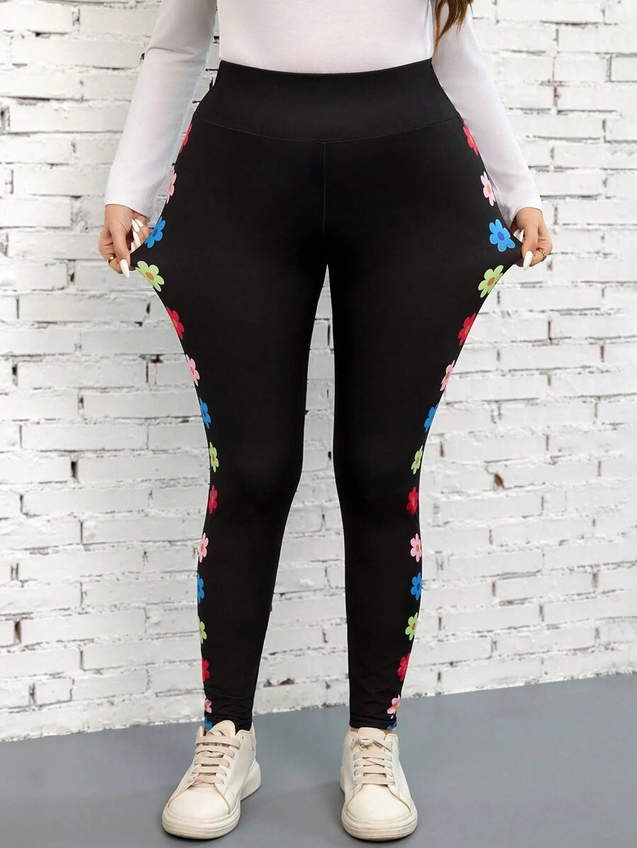 SHEIN LUNE Plus Size Women Floral Print Skinny Leggings, Sports & Casual Wear Vacation Outfits Woman Black Leggings Summer Outfits For Women