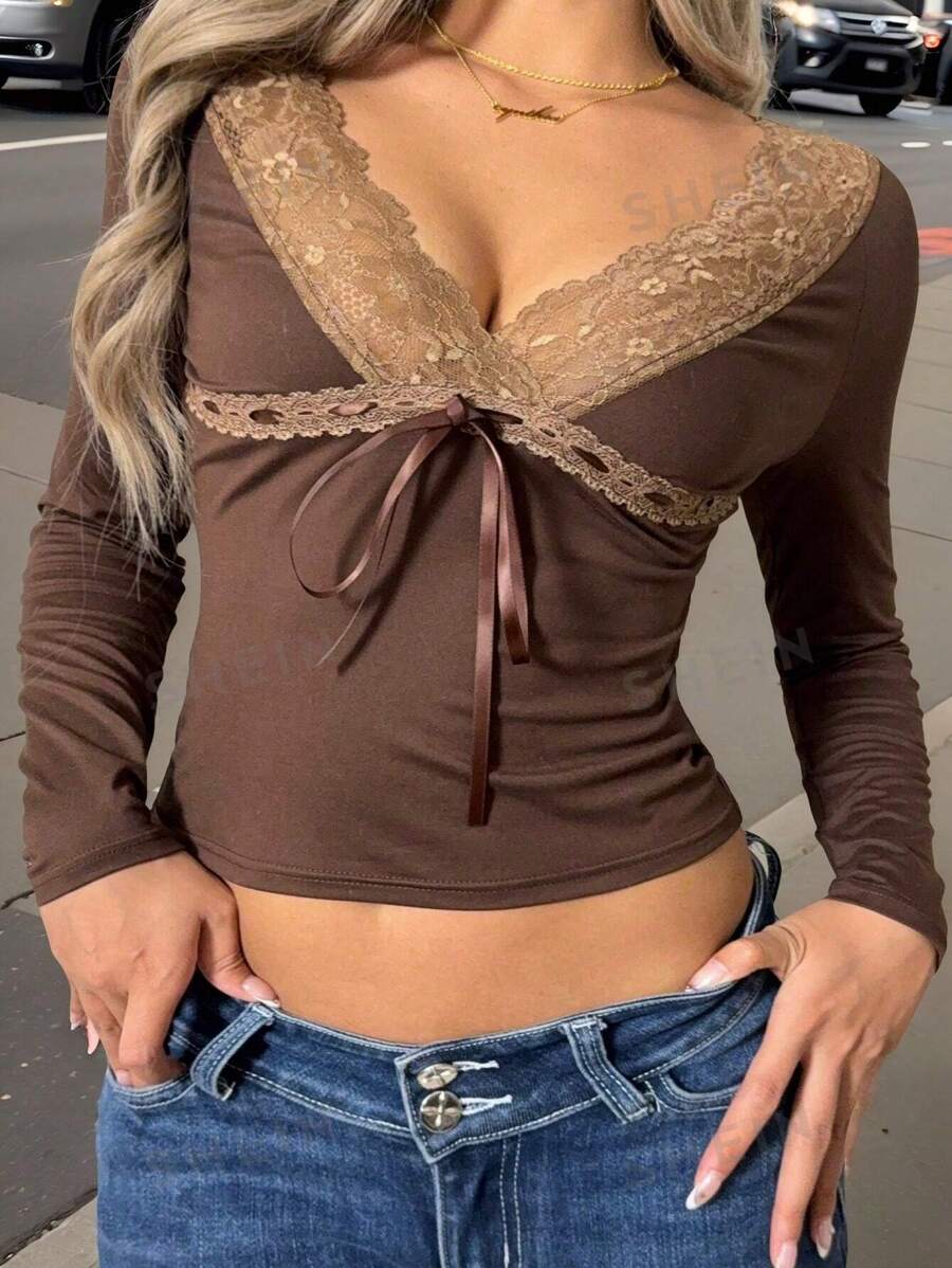 SHEIN EZwear Blusa casual de manga larga con aplicación de encaje y nudo delantero, uso diario, talla grande