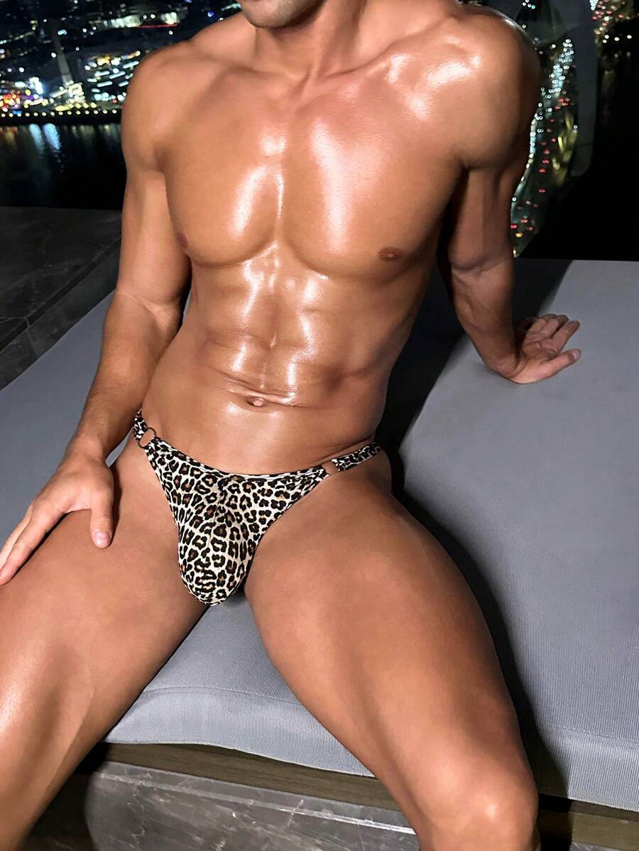 SpicyHot Men's Leopard Print Circular Ring Linked Sexy Briefs