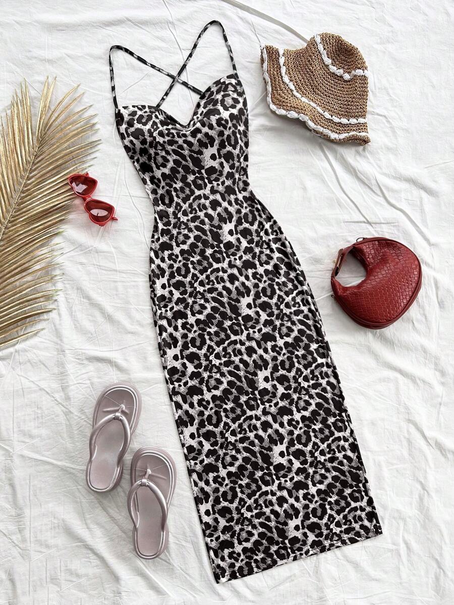 Soleia Casual Romantic Vacation White Leopard Print Off-Shoulder Sexy Open Back Tie Strap Dress
