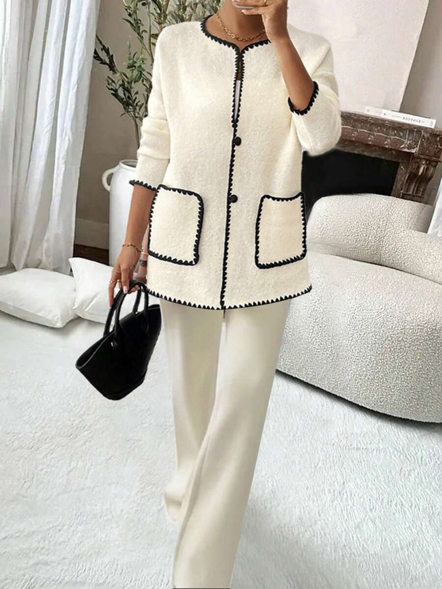SHEIN Clasi New European Style Blogger Same Design Sense Colorblock Vintage Double Pockets Casual Crew Neck Knit Jacket