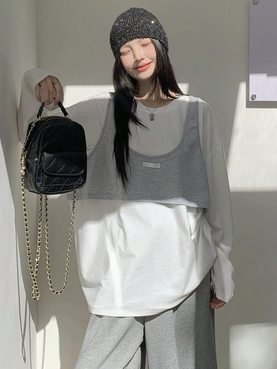 DAZY Women Casual Round Neck Loose 2 In 1 Long Sleeve T-Shirt