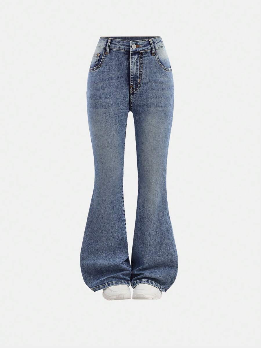 SHEIN Tween Girls Y2K Fashion Solid Washed Denim Flare Leg Jeans Broek Met Strik Versierde Zakken, Meisjes Herfst Winter Kleding Back To School Outfits