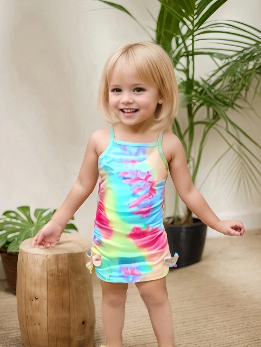 Sukienka dziewczęca z nadrukiem tie-dye i ramiączkami typu spaghetti, ściągana sznurkiem, letnia
