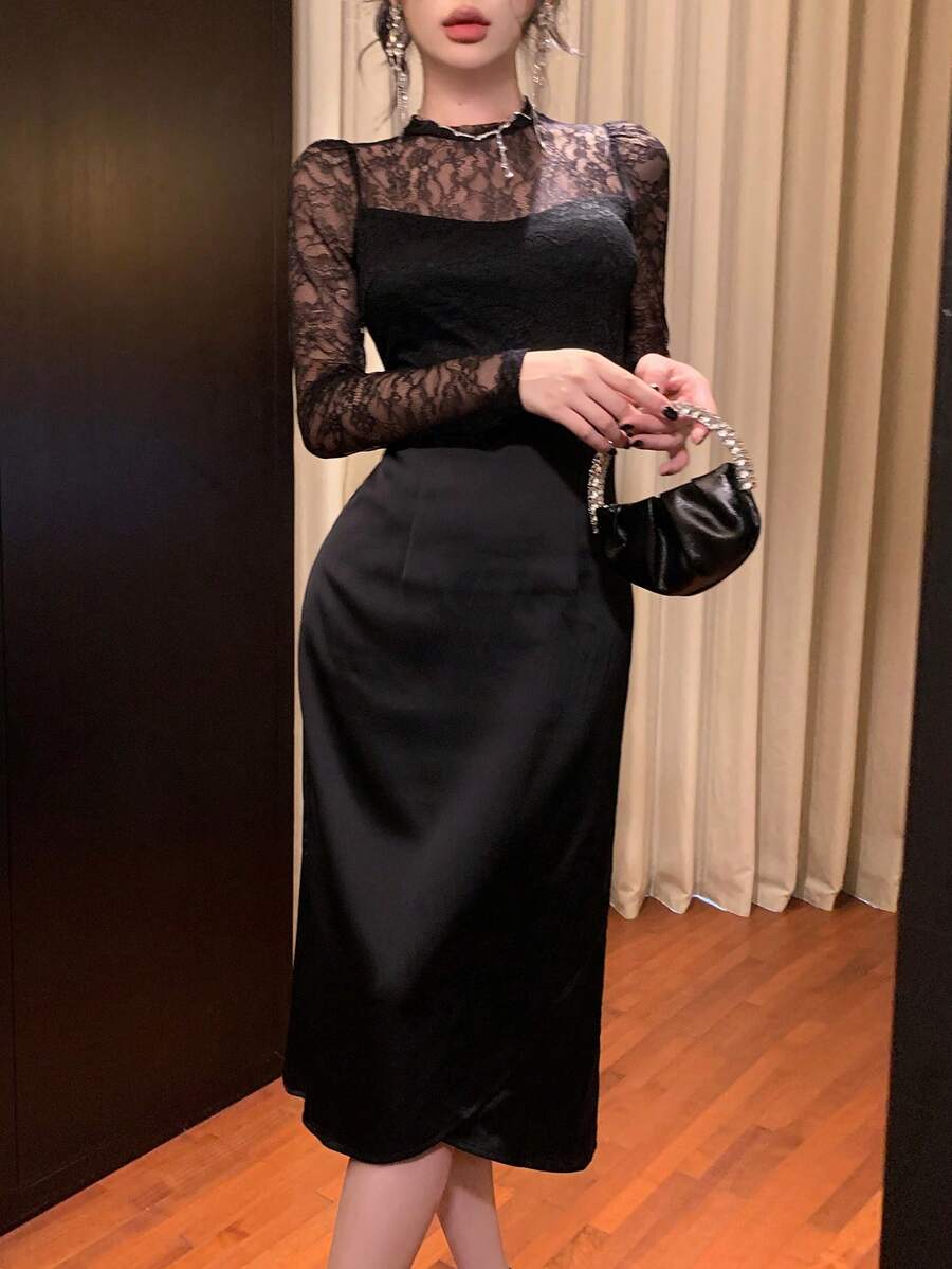 DAZY Women Casual Lace Patchwork Round Neck Long Sleeve Bodycon Black Elegant Dress Prom Dress