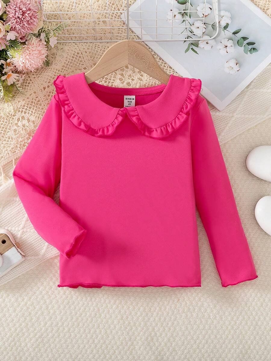 Young Girl Young Girl Solid Color Peter Pan Collar Ruffle Hem Long Sleeve Thin Under Shirt, Fashionable Top For Spring & Autumn