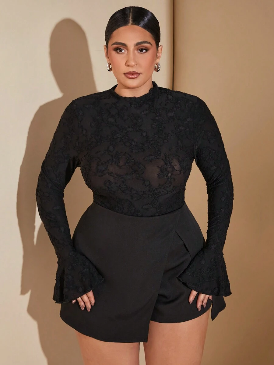 SHEIN BAE Plus Size Women's Black Lace Long Sleeve Bodysuit, Suitable For Dates, Outings, Valentine's Day