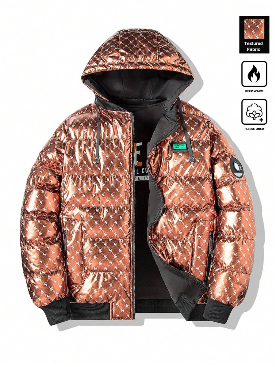 Manfinity Homme Sudadera con capucha con cierre de cremallera delantero, cordón y gráfico de letras brillante para hombre, chaqueta de invierno de moda