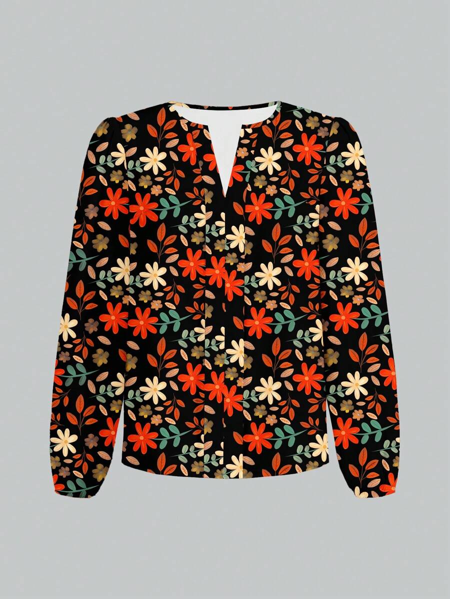 Glamance PATTERNIARY Women Black Plus Size Blouses Extra-Long Sleeve Notched Casual Plain,Plants,Floral,All Over Print Summer Outfits For Women Summer Tops Going Out