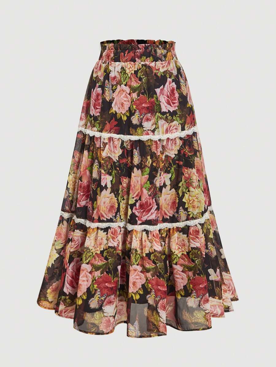SHEIN MOD Plus Size Vintage Palace Style Floral Lace Trim Layered Skirt.
Spring And Summer Vacation Picnic Wear Midi Skirt