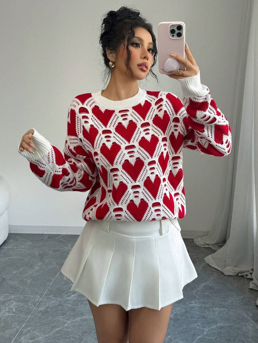 Elenzga Heart Jacquard Pattern Loose Fit Crew Neck Sweater For Women