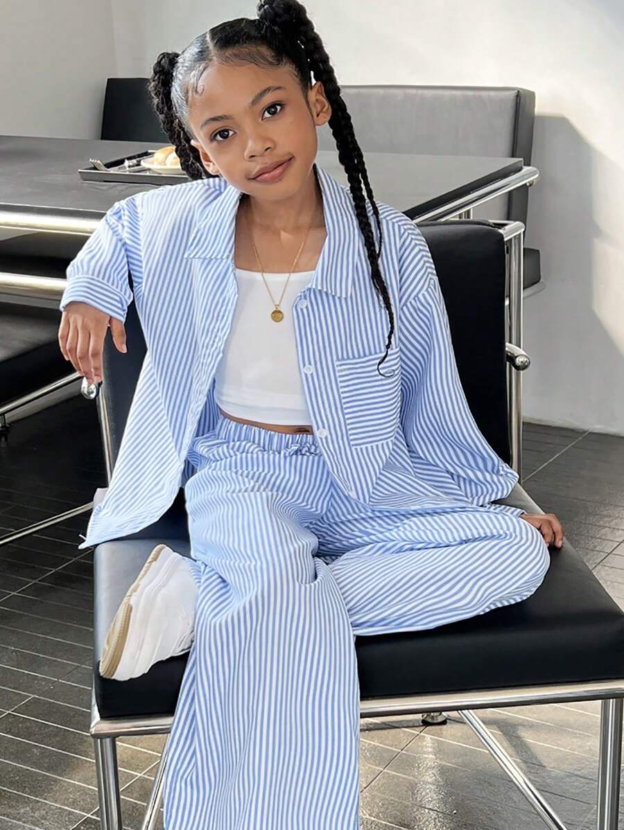 SHEIN WESTFADE Young Tween Girls' Three Pieces Set, Street Cool Striped Long Sleeve Shirt, Pants, And Cami Top, Ideal For Spring And Fall