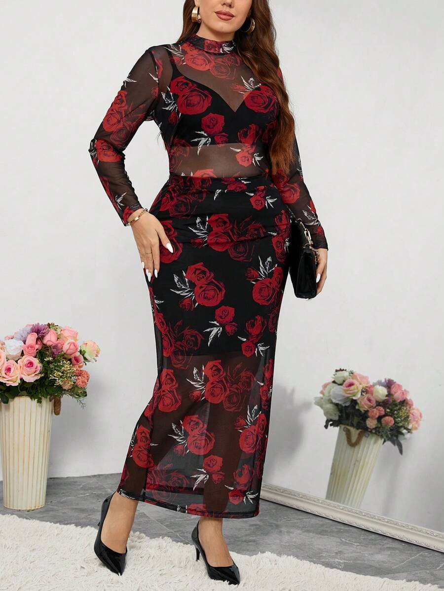 SHEIN Clasi 2 stuks elegante rozenprint plus size set: 1 net mesh top & 1 onderkant Valentijnsoutfit