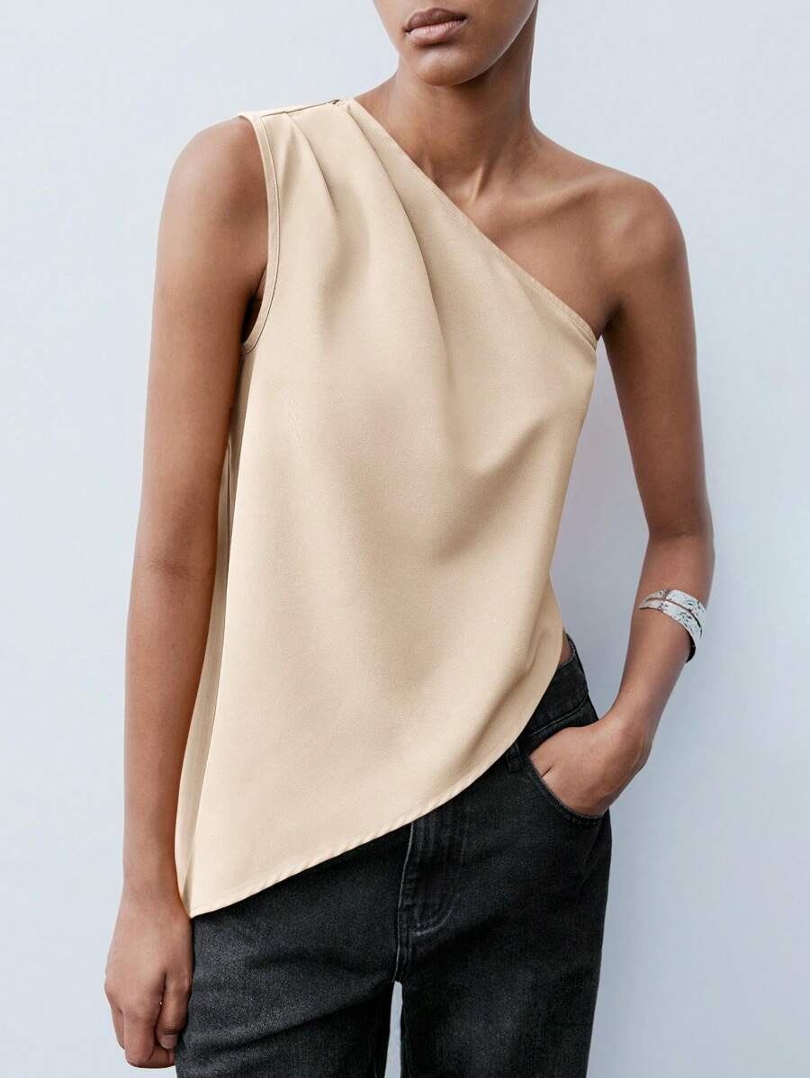 Maija Women's Apricot Asymmetrical Cut Pleated Sleeveless Casual Top, Business Casual Office Wear, Off Shoulder Blouse
