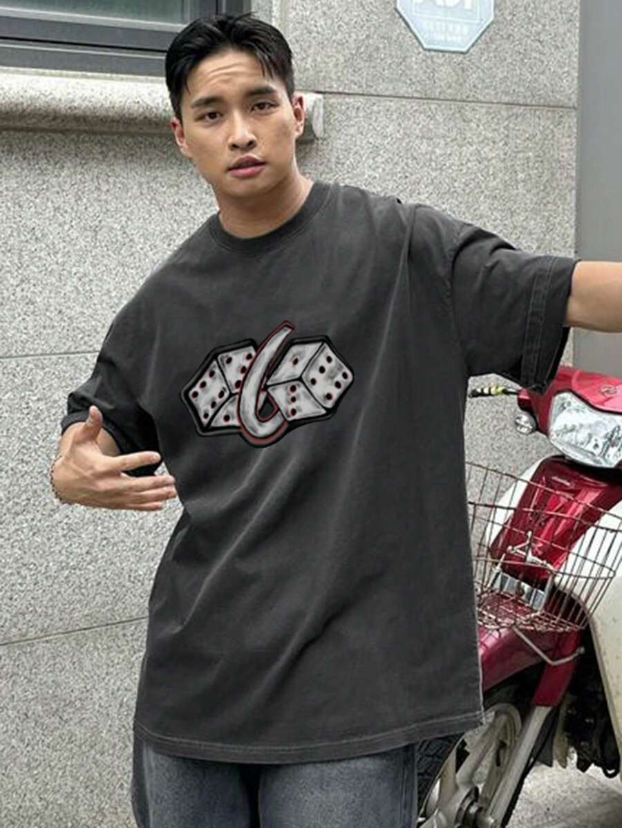 DAZY Men's Distressed Grey T-Shirt With Dice Number Graphic,Fall Clothes