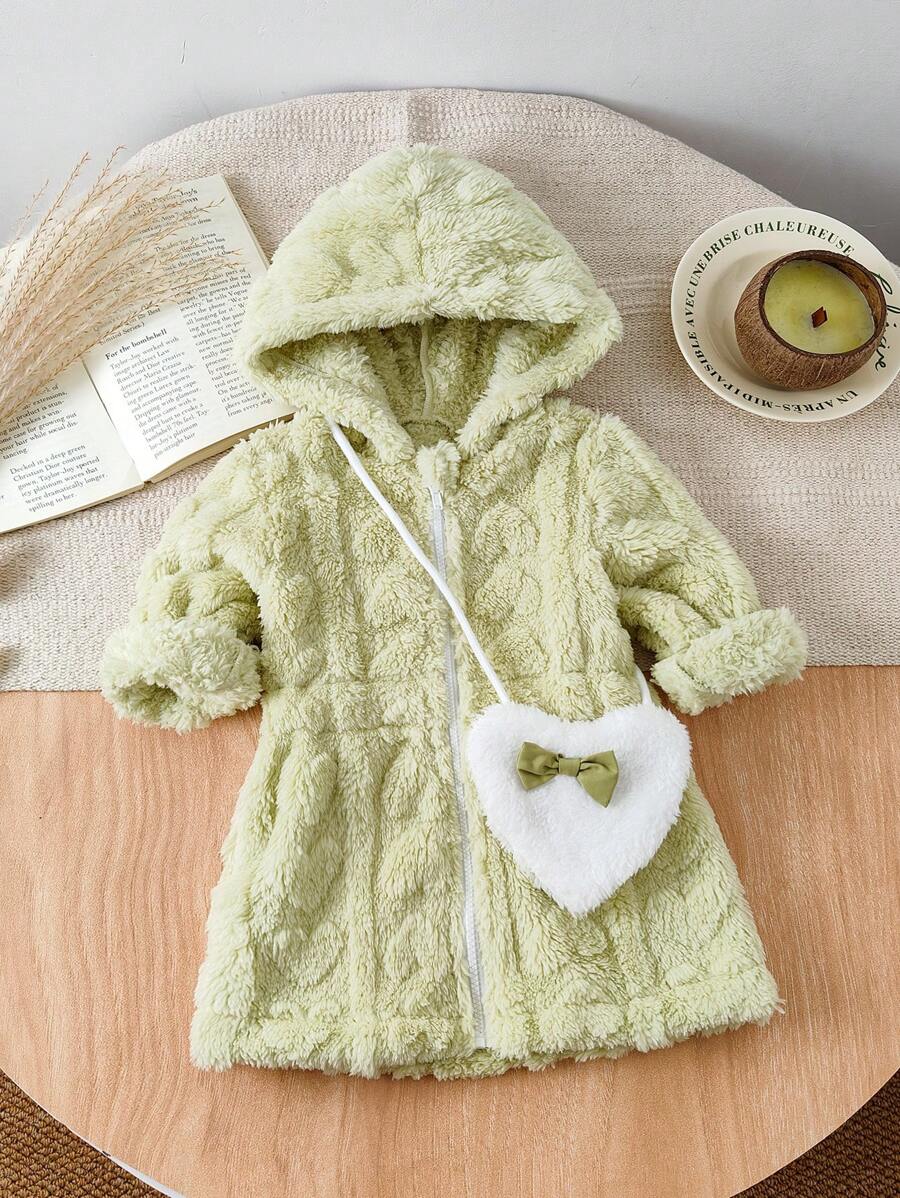 Babymeisje, 2-delige set warme Sherpa-hoodiejas met harige hartvormige tas, geschikt voor uitstapjes, herfst/winter