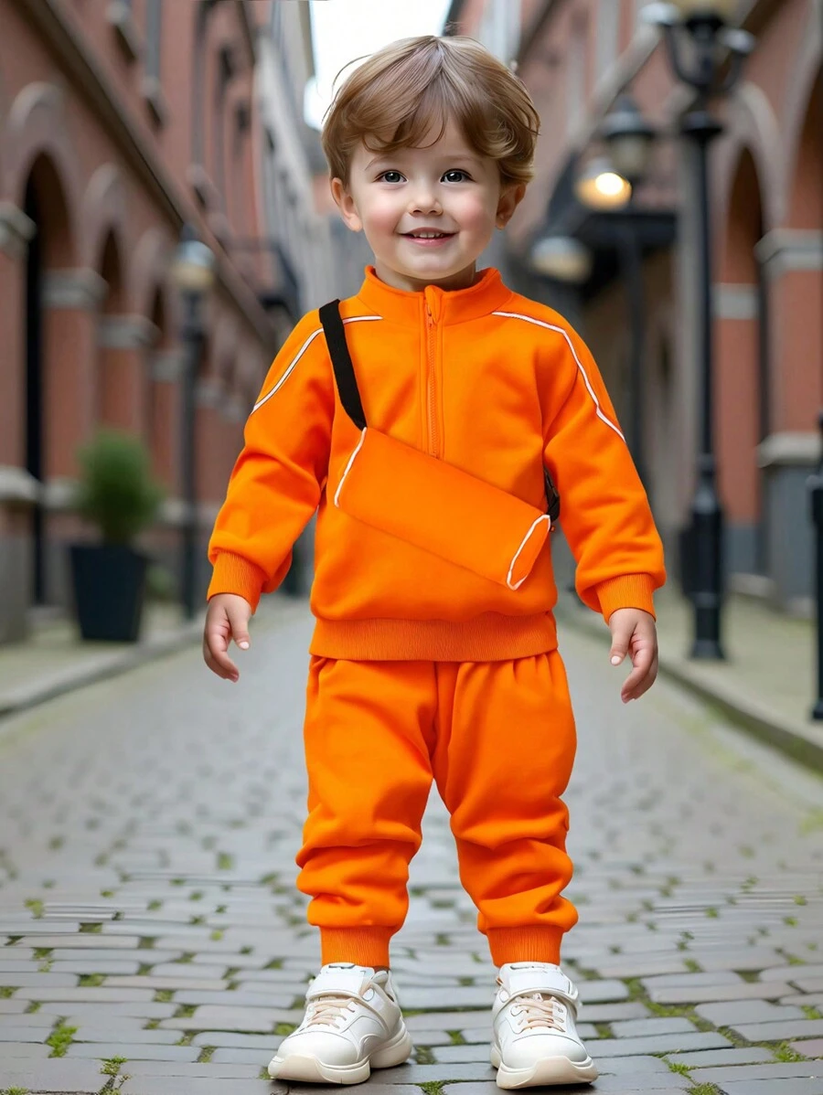 SHEIN 3 stuks baby/peuter casual sport comfortabele oranje hoodie outfit set met tas, stijlvol en trendy voor dagelijks gebruik, vakantie, school, bijeenkomsten, geschikt voor lente, herfst en winter