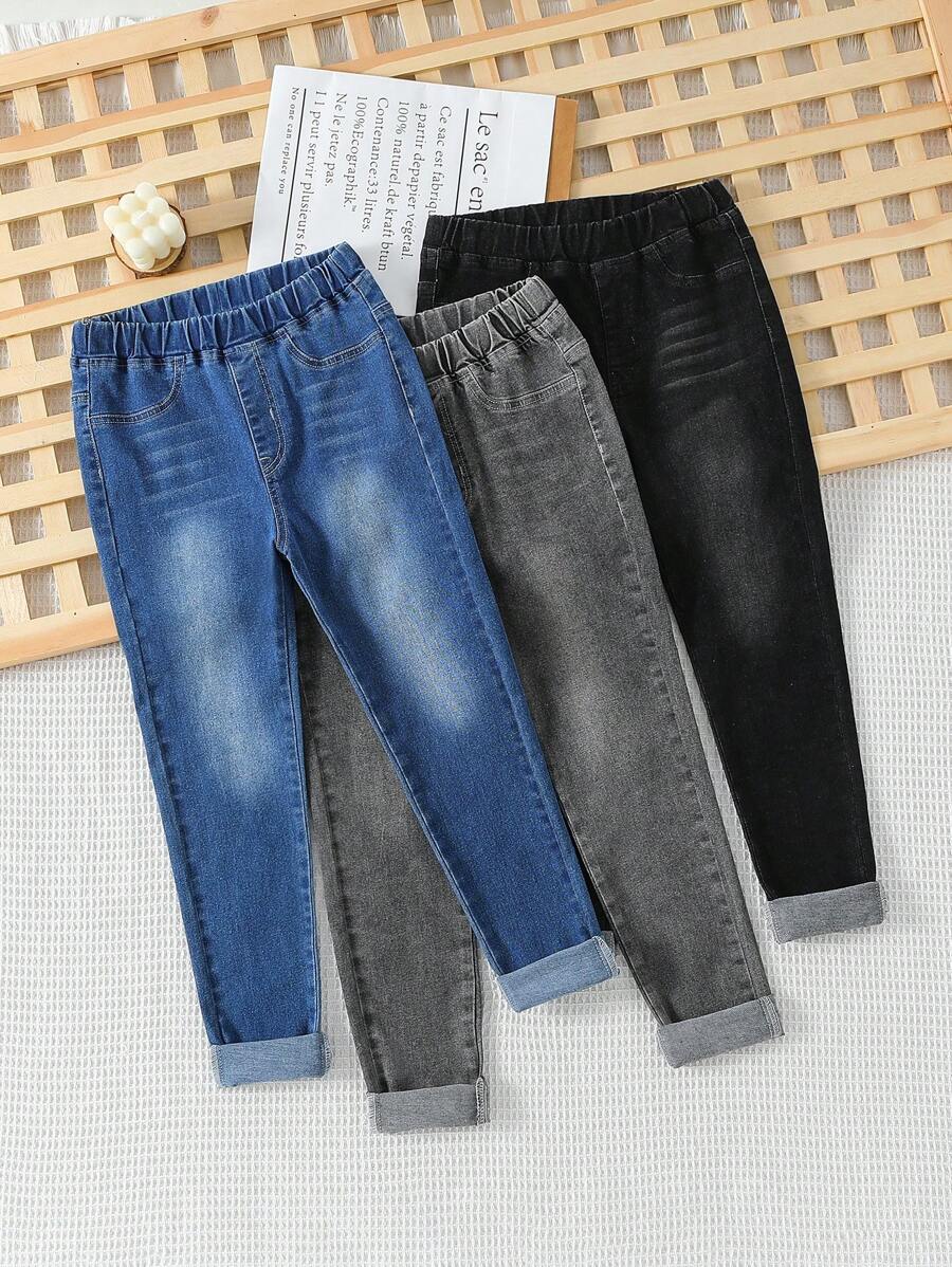 SHEIN Vintaside Kids Tween Girl Multi-Pack Y2K Casual Slim Fit Stretchy Washed Denim Jeans, Highly Attractive, Comfortable Fabric, Easy To Match For Daily Wear, School, Campus, College Summer Holiday