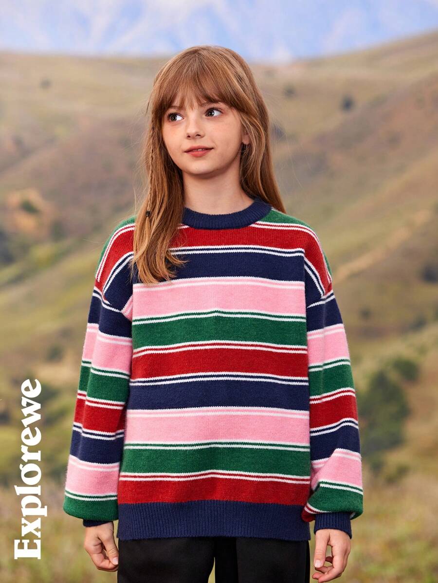 SHEIN Tween Girl Striped Round Neck Long Sleeve Casual Top, Everyday Wear