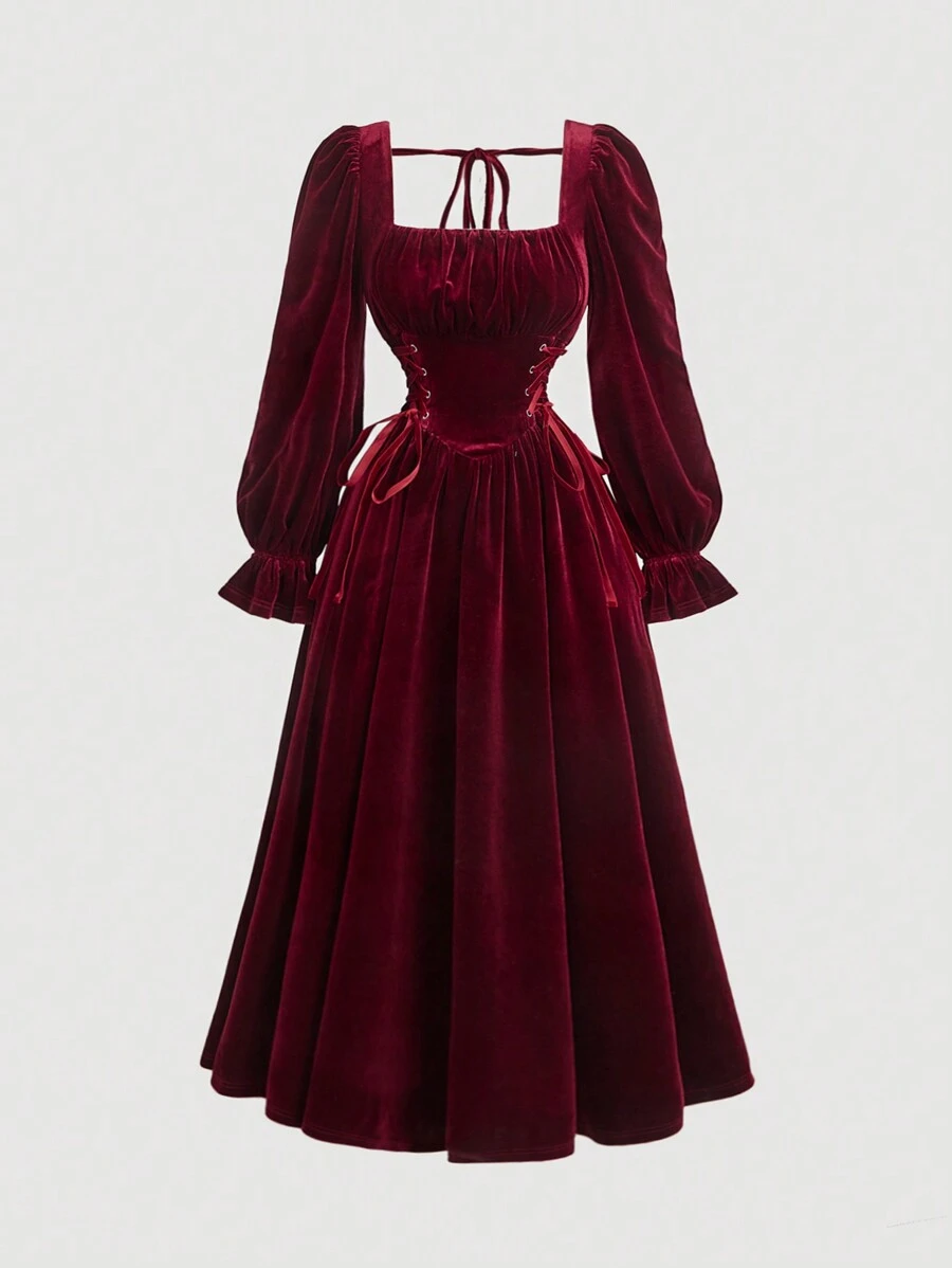SHEIN MOD Women's Solid Color Lace-Up Long Sleeve Simple Ruched Long Dress,New Years Eve Outfit,Elegant Women Dresses,Party Women Outfits,Red Women Dresses,Red Formal Dress,Holiday Women Outfits,Red Long Dress,Valentine Day,Vintage Clothes Women
