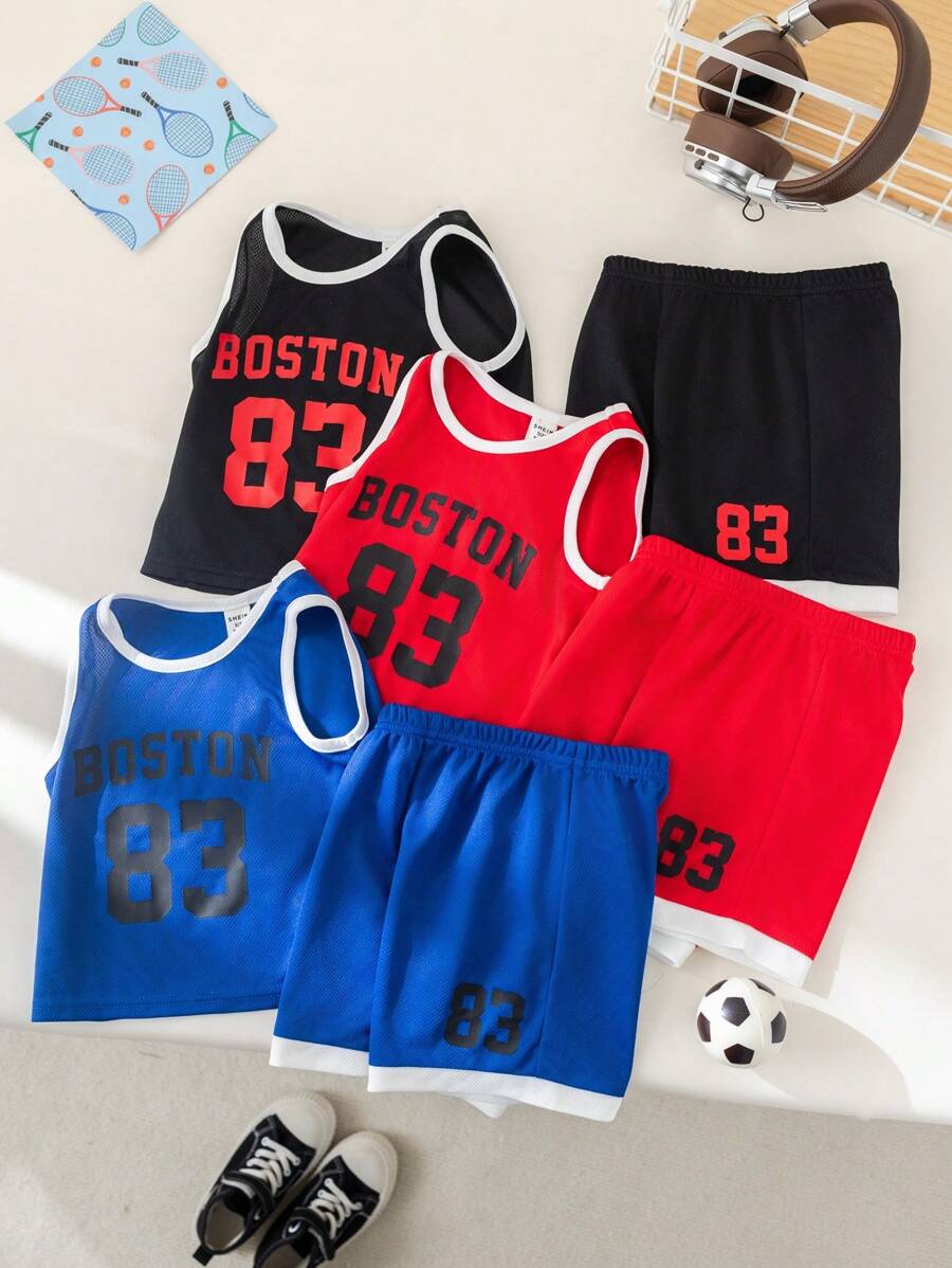 SHEIN Conjunto de 6 piezas de ropa deportiva casual adorable para bebé niño, incluye camiseta de tirantes con estampado de letras y pantalones cortos de cintura elástica, adecuado para el hogar, actividades al aire libre, deportes, y guardería