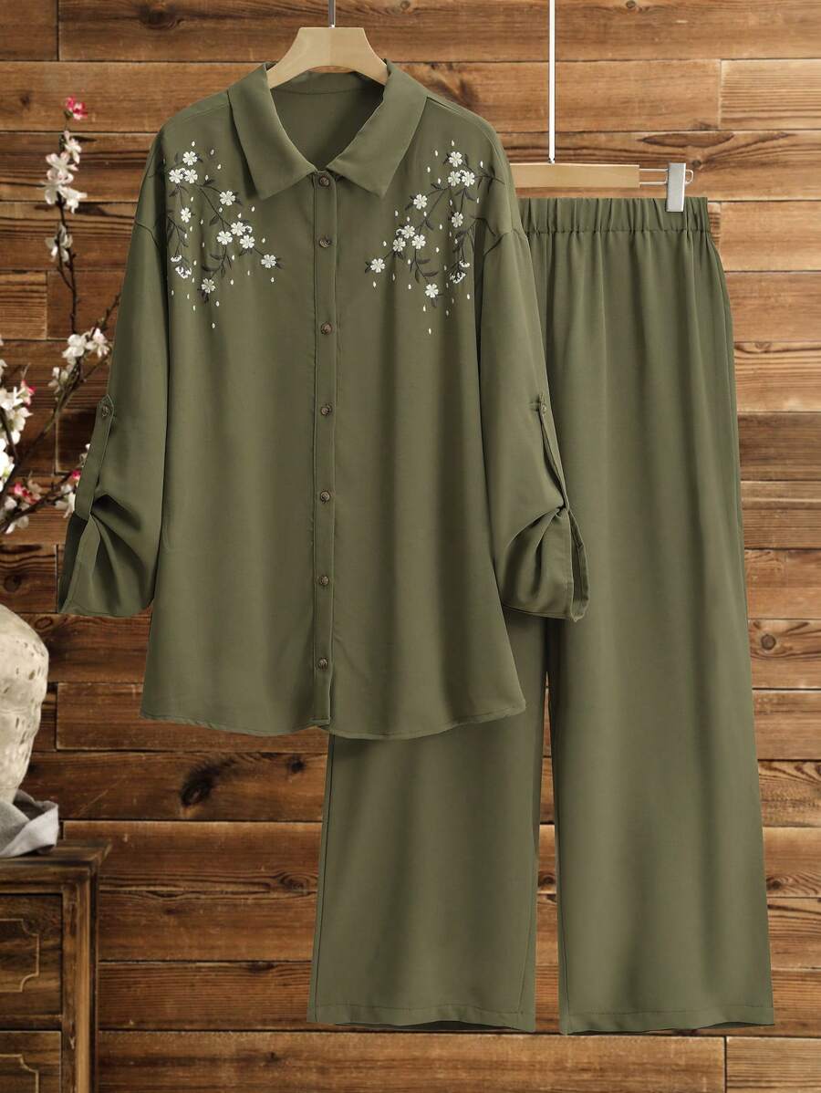 Lacomfia Plus Size Embroidery Loose Long Sleeve Lapel Shirt And High Waisted Wide Leg Straight Pants 2 Pieces Suit Set