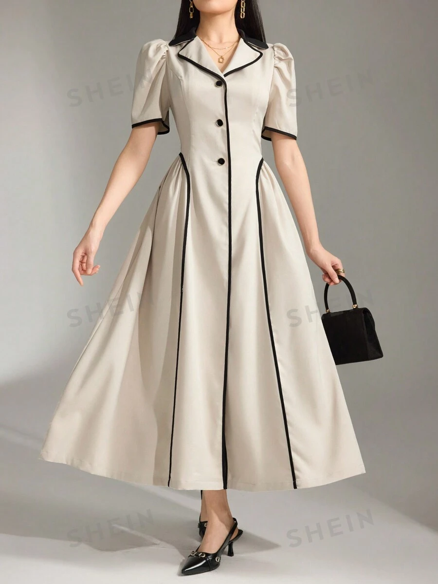 Heiryn Vestido largo casual de manga corta con botones y ribete de contraste para mujer
