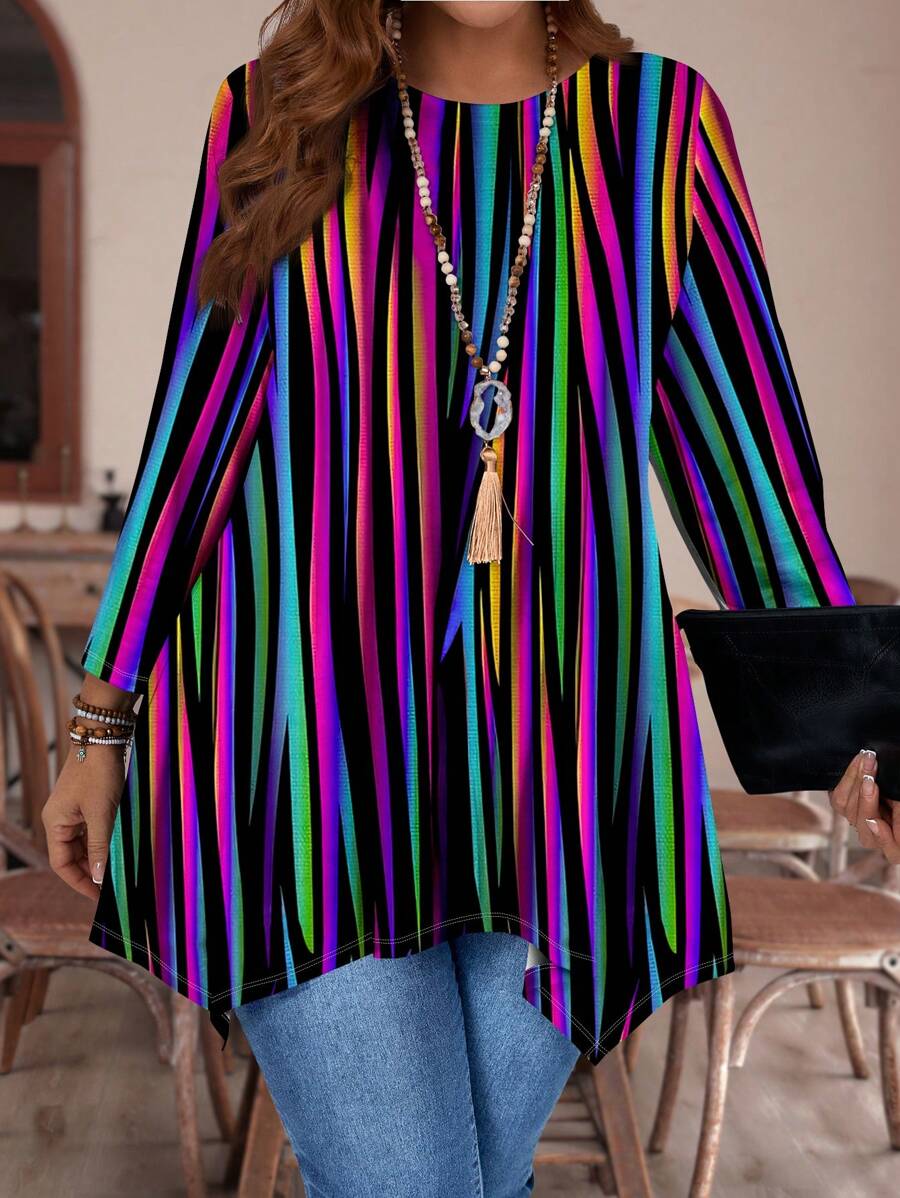 EMERY ROSE Casual Minimalist Rainbow Pattern Loose Fit Crew Neck Long Sleeve Women T-Shirt, Suitable For Autumn/Winter