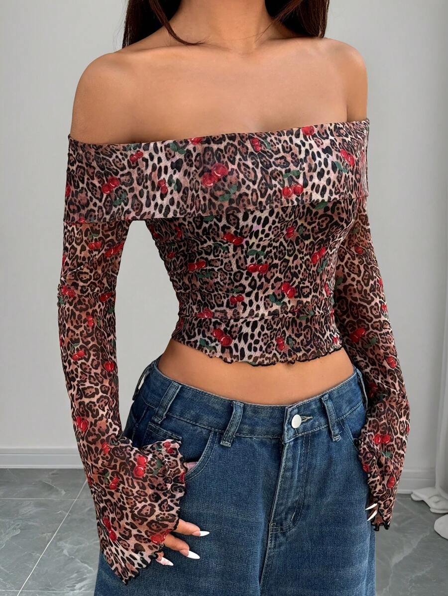 SHEIN EZwear Leopard Print Mesh Off Shoulder Casual Top For Women, Minimalist Fashion, Suitable For Daily Wear