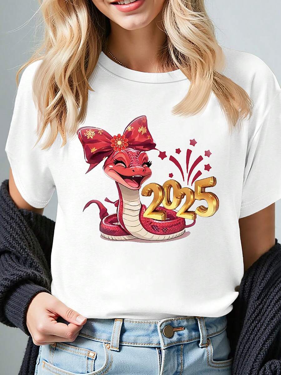 INAWLY 2025 Year Of The Snake T-Shirt, New Year Short Sleeve Women T-Shirt, For Chinese New Year, 2025 Snake Year T-Shirt