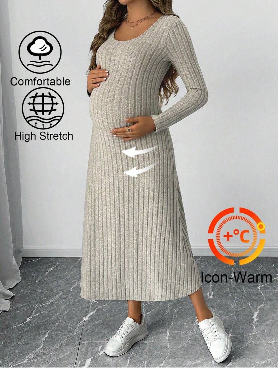 SHEIN Maternity Solid Color Round Neck Long Sleeve Simple Long Casual Dress