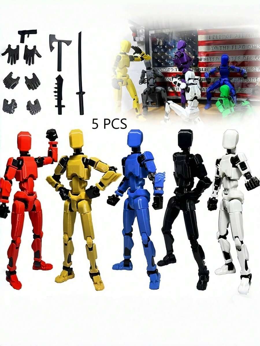 Conjunto de 5 Figuras de Acción de Robot Articulado - Modelo T13 de PVC con múltiples articulaciones impreso en 3D para decoración de escritorio, juguete de ensamblaje DIY, regalo para entusiastas de los juegos en colores negro, blanco, rojo, amarillo y azul