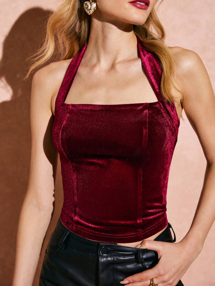 Poéselle Women's Solid Color Slim Fit Halter Neck Tie Front Crop Top