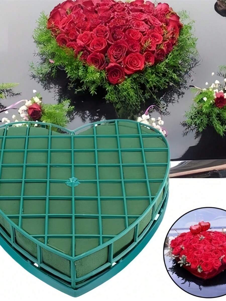1pc Heart-Shaped Floral Foam Brick, Wedding Car Decor, DIY Flower Arrangement Foam Cage, Valentine's Day Bouquet Holder, Centerpiece Block Mud For Wedding Party, Anniversary, Bridal Shower, Engagement, Decorations, Floral Craft Supplies