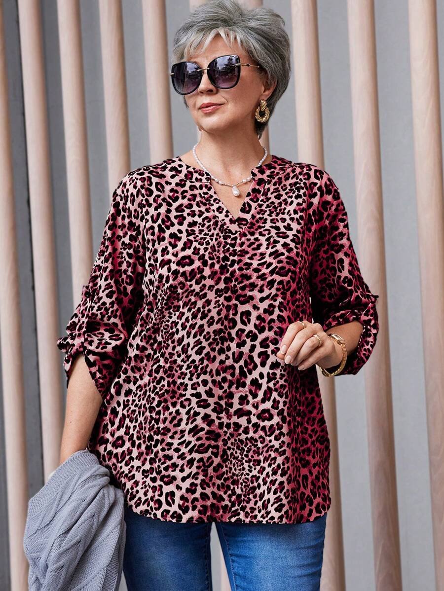 EMERY ROSE Plus Size Dames Luipaard Print Lange Mouw Shirt, Herfst
