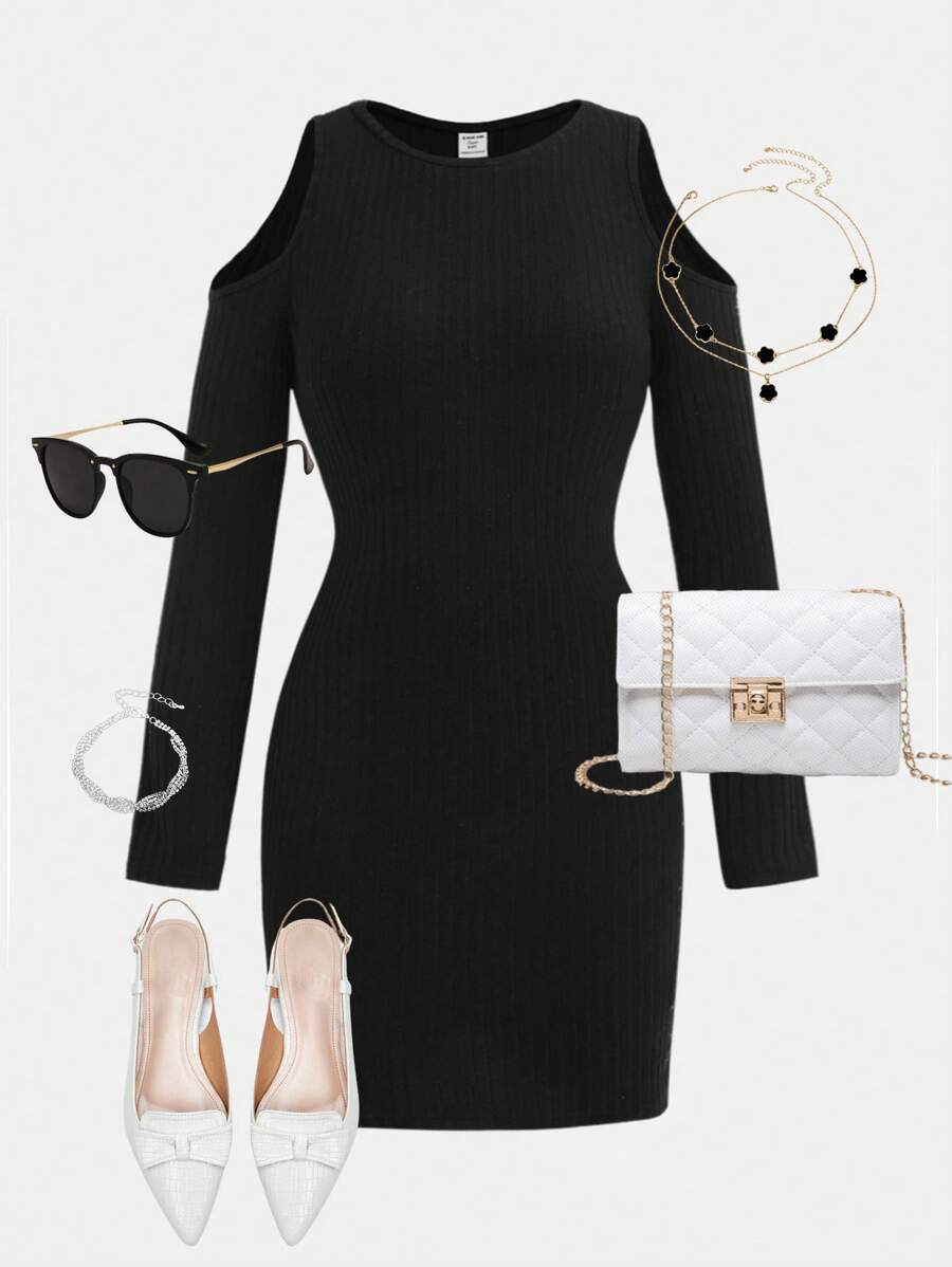 SHEIN Girlism Teen Girls' Minimalist Shoulder Cutout Slim Fit Ribbed Bodycon Dress, All Season