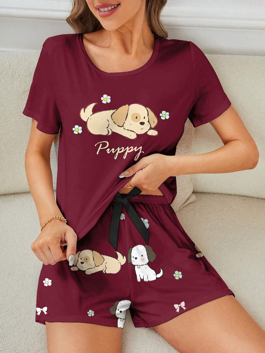 CoupledUp 2-teiliges Set Damen Hunde Muster Rundhals Kurzarm T-Shirt und Shorts Pyjama