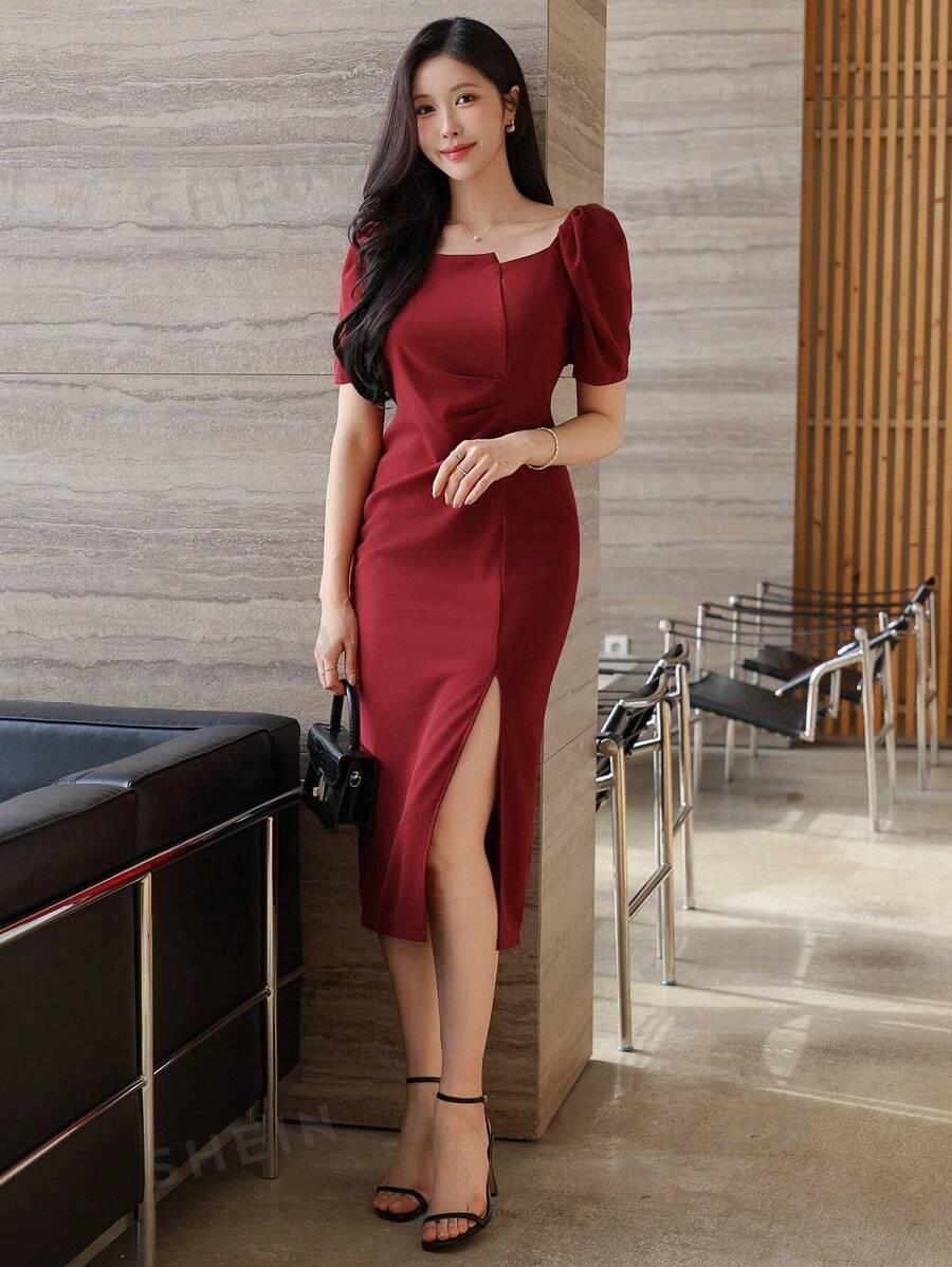 DAZY Vestido midi elegante de color liso con volantes asimétricos y abertura lateral para mujer, vestido de cóctel elegante