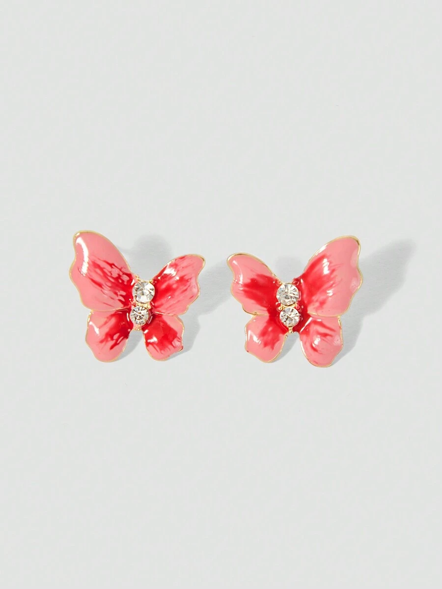 SHEIN MOD Brincos de Botão com Formato de Borboleta Vermelha e Rosa, Adequados para Uso Diário