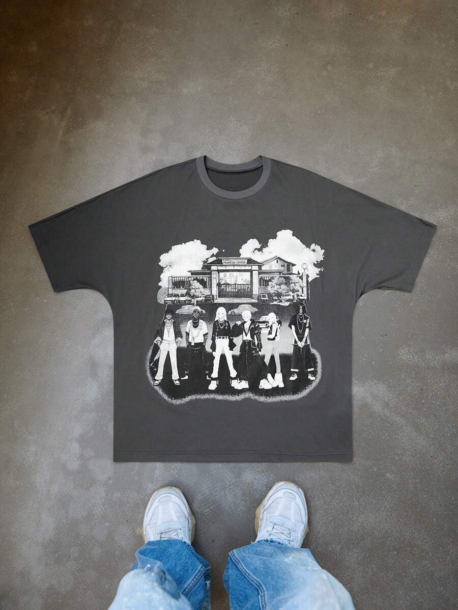 Manfinity EMRG Men's Young Street - Style INS Best - Selling T - Shirt. It Is In A Dark Tone, With The Main Body Being Dark Gray. There Is A White Pattern Printed On The Front Of The T - Shirt. The Pattern Depicts A Group Of People Standing In Front Of A Building. The People Have Various Postures, And There Are Elements Such As Clouds In The Background. The Overall Look Presents A Street Style.