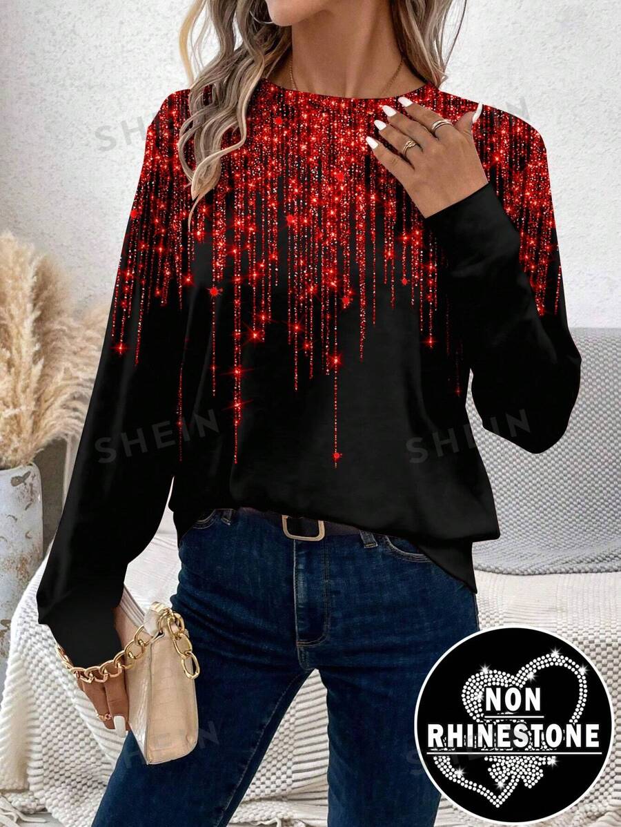 SHEIN LUNE Blusa de mujer de cuello redondo con mangas largas y estampado, para uso diario