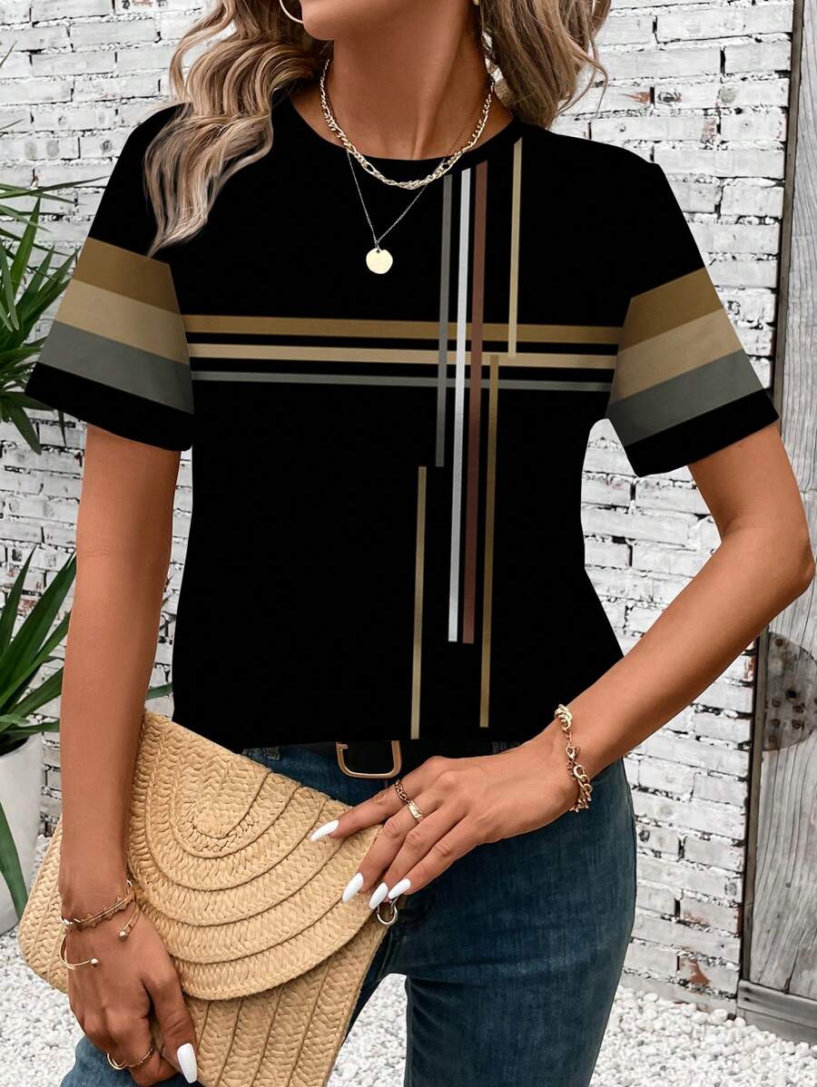 SHEIN LUNE Camiseta de manga corta holgada con cuello redondo, de estilo minimalista y bloques de color geométricos, para mujer