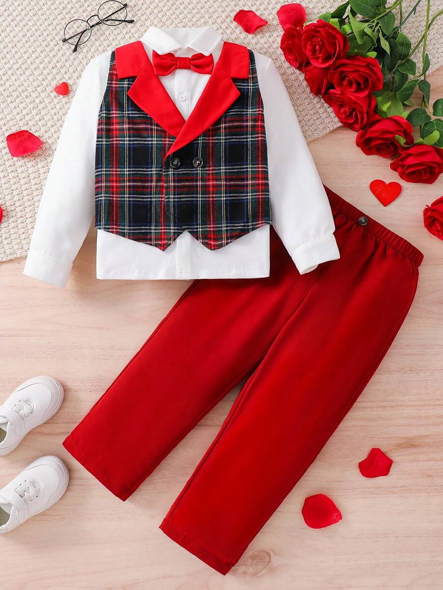 2pcs Young Boy Gentleman Elegant Urban Fashion Red Bow Tie, Plaid Vest 2 In 1 Design, White Collar Long Sleeve Shirt And Red Pants Gentleman Suit, Suitable For Wedding, Party, Travel, Casual Gathering, Autumn/Winter