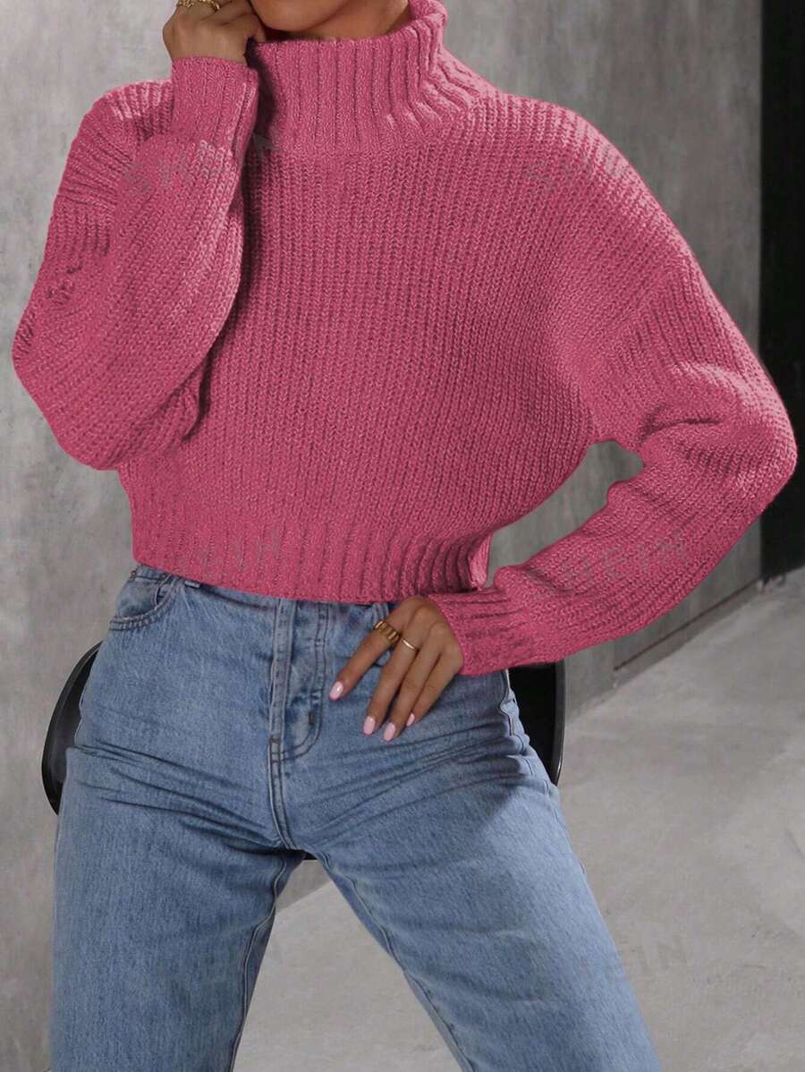 Flirla Suéter minimalista de cuello alto y manga larga de unicolor para mujer, para uso casual diario
