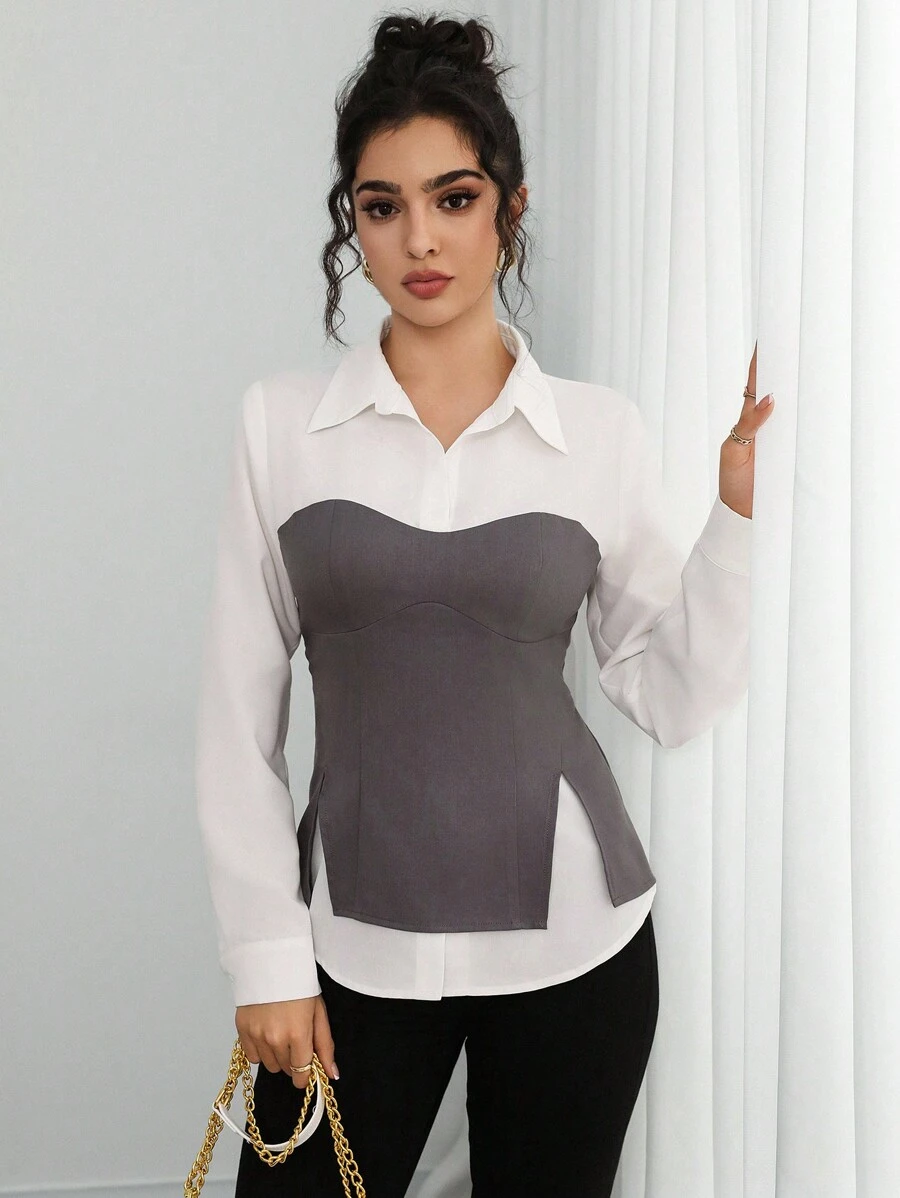 Calvaya Women's Elegant & Stylish Commuting Casual 2 In 1 Long Sleeve Color Block Shirt, For Spring, Autumn & Winter